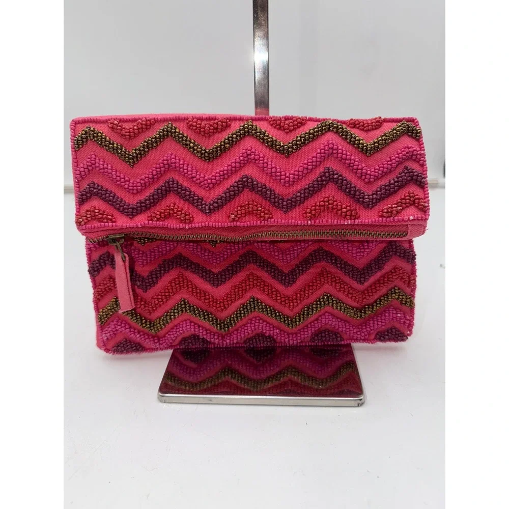 Charlie Paige Pink Beaded Chevron Foldover Clutch Bag Bohemian Cotton Canvas